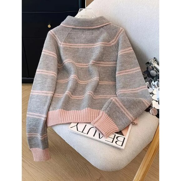 Stylish Striped Knit Sweater – Color Block & Polo Collar - Picture 2 of 4